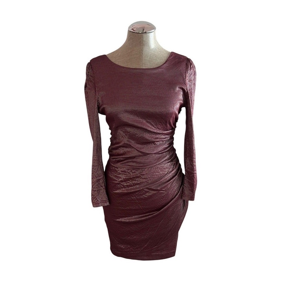 Metallic Burgundy Striped Open Back Ruched Long Sleeve Mini Dress Medium